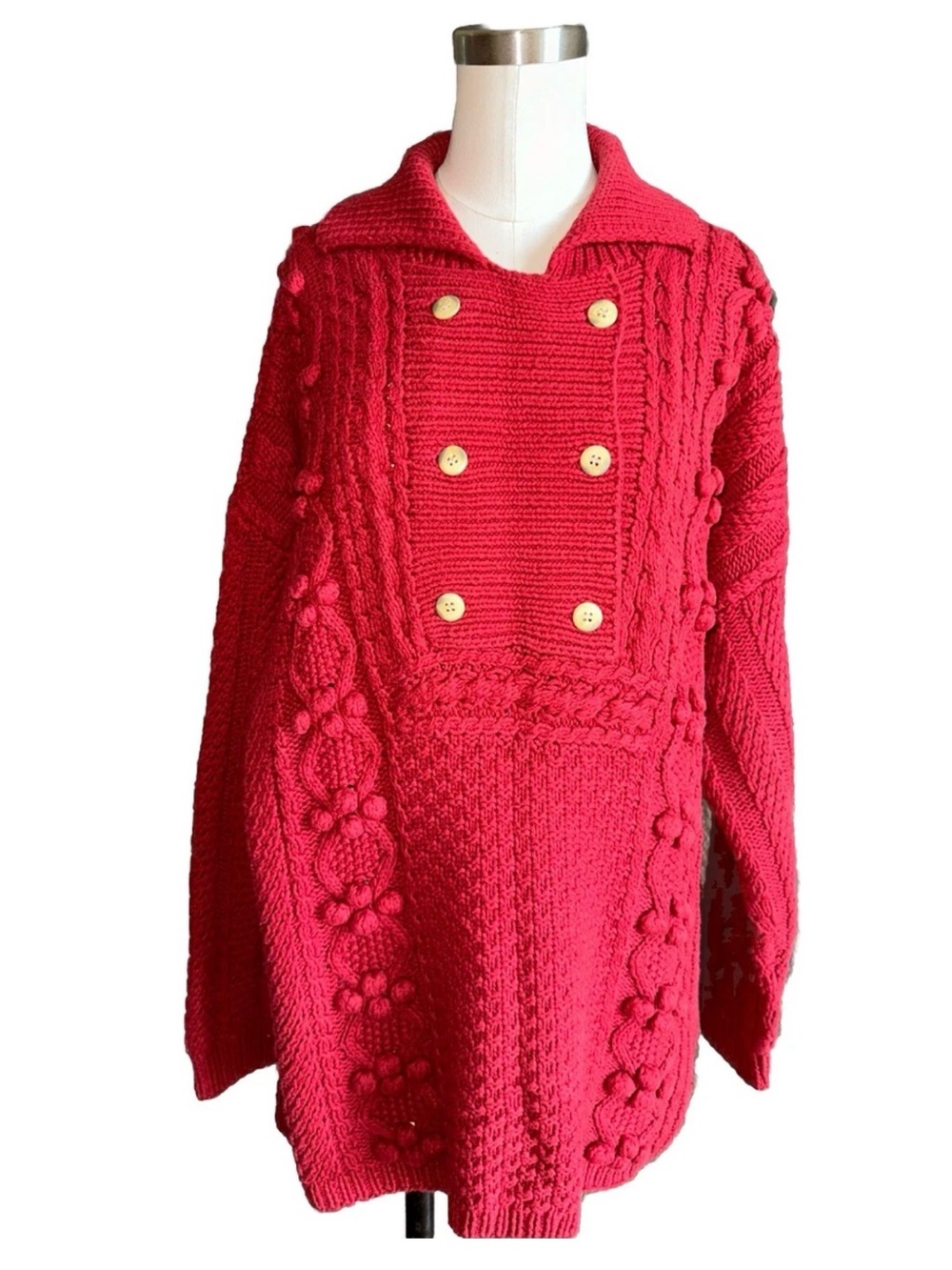 Vintage Gaeltarra Ireland Red Cotton Cable Knit Sweater Medium Irish Chunky